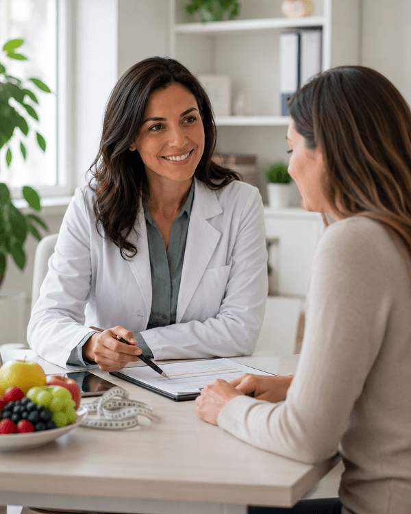 A doctor discussing a personalized weight loss plan with a female patient during a consultation at TP Health.