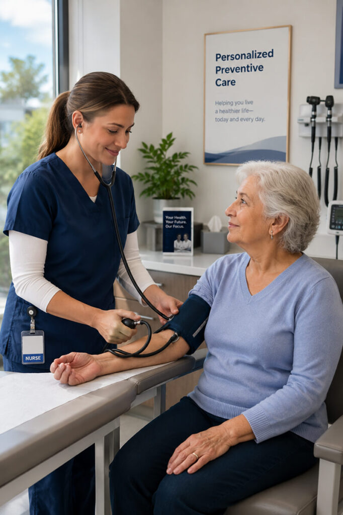 A caring nurse checking an elderly woman's blood pressure at TP Health personalized preventive care.