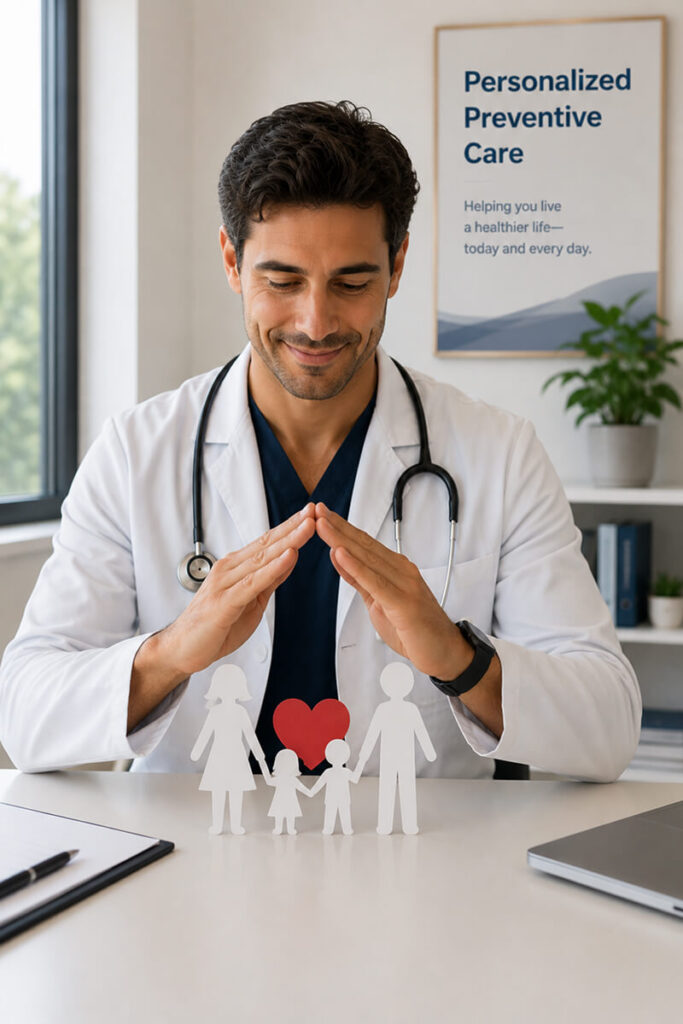 A doctor protecting a paper family with a heart at TP Health personalized preventive care.