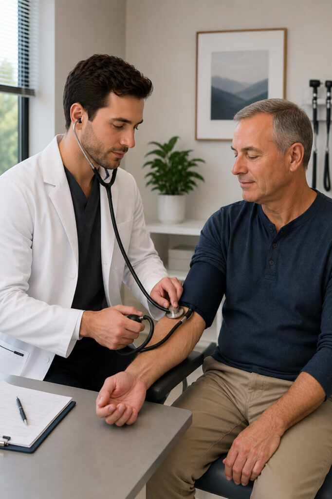 A doctor using a stethoscope and blood pressure cuff to measure a patient’s blood pressure during a routine medical check-up in a clinic.