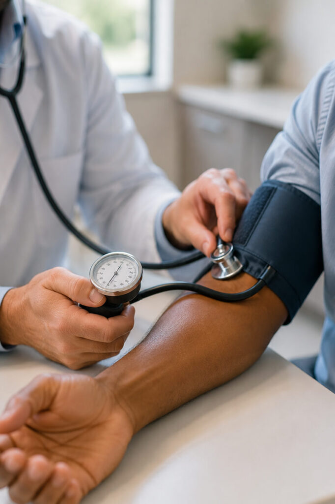 Close-up of a doctor measuring a patient's blood pressure for high blood pressure management.