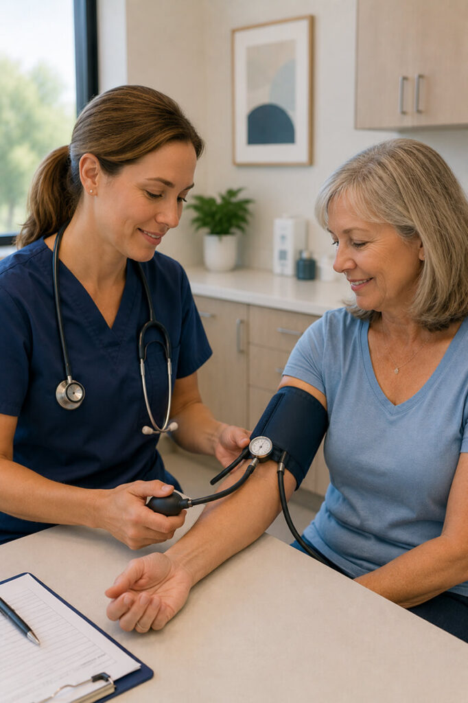 A patient getting their blood pressure tested by their doctor at TP Health,for high blood pressure care.