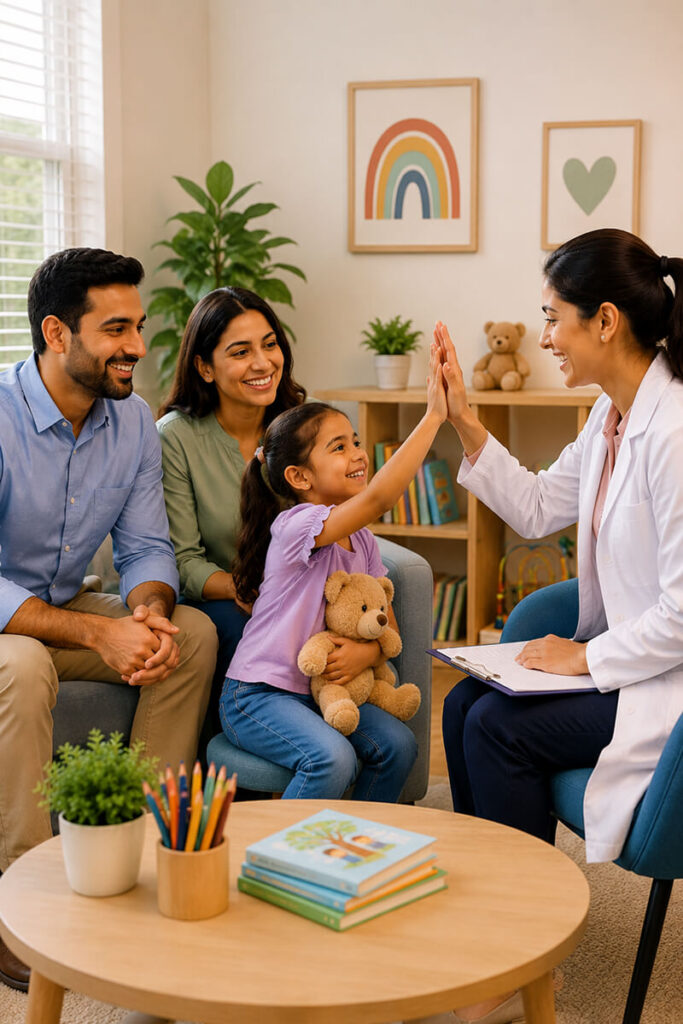 A young girl giving a high five to her doctor while her parents watch at TP Health child psychiatry services.
