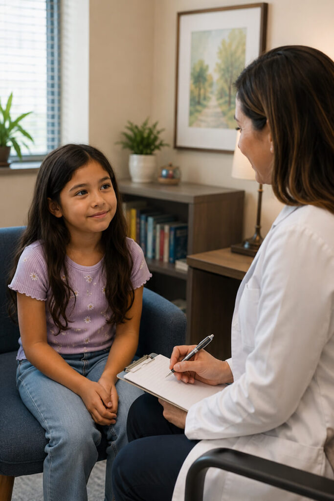 Young girl getting checked by her doctor at TP Health child psychiatry clinic in Missouri City, TX.