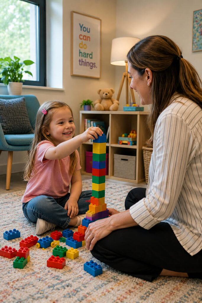 Happy child raising hands while playing educational blocks with therapist in a learning or therapy session.