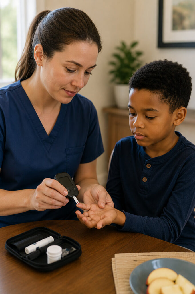 An adult testing a child's blood sugar with a glucose meter at a dining table.
