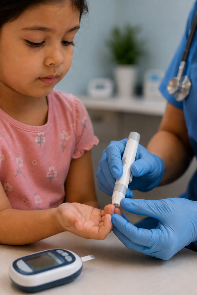Close-up of a child getting a blood glucose test at a diabetes care and management clinic.