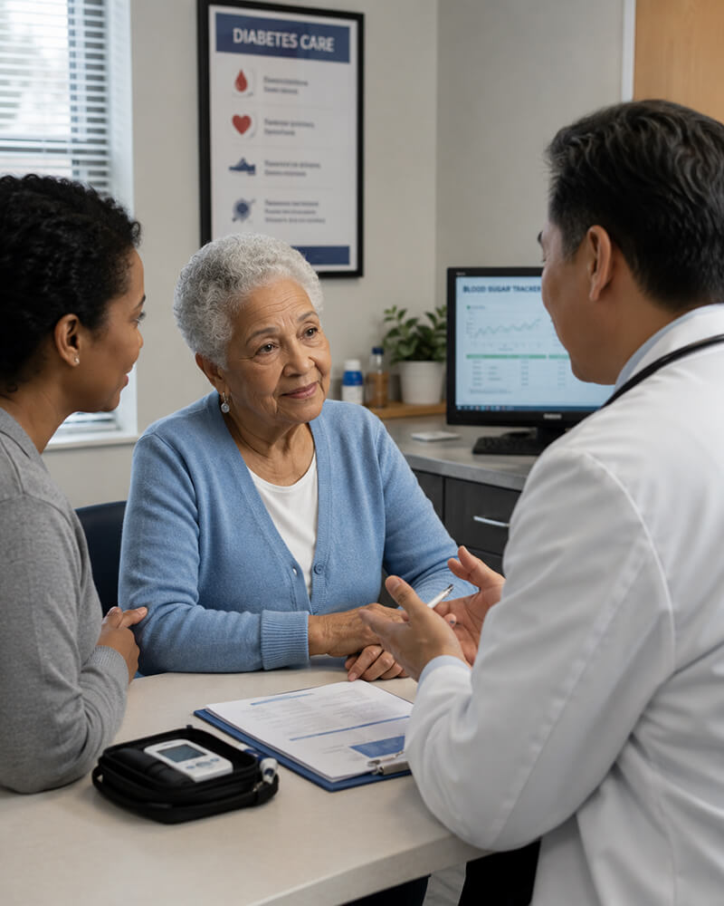 An elderly woman in a medical consultation with a doctor and caregiver for diabetes care.