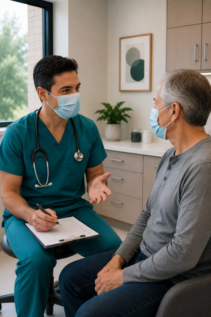 A man receiving an immunization injection at TP Health for lifelong protection and wellness.