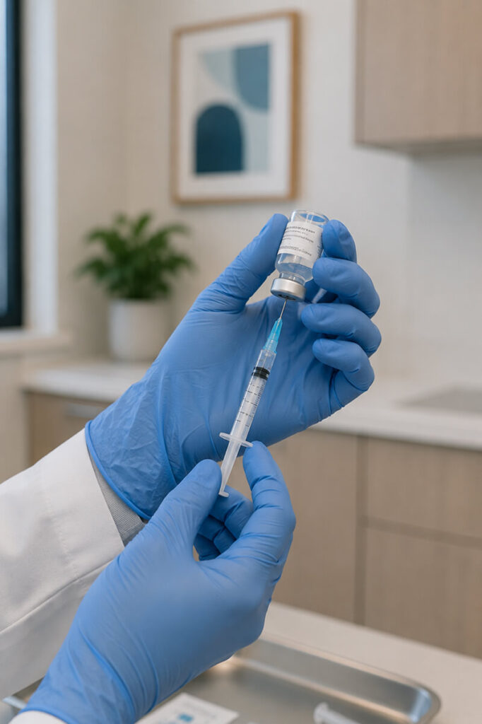 A gloved doctor drawing a vaccine into a syringe for immunization and lifelong protection.