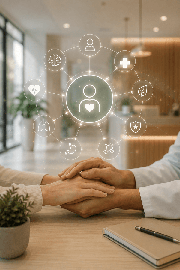Doctor comforting a patient in a modern clinic setting with connected healthcare icons symbolizing integrated, collaborative, and patient-centered medical care.