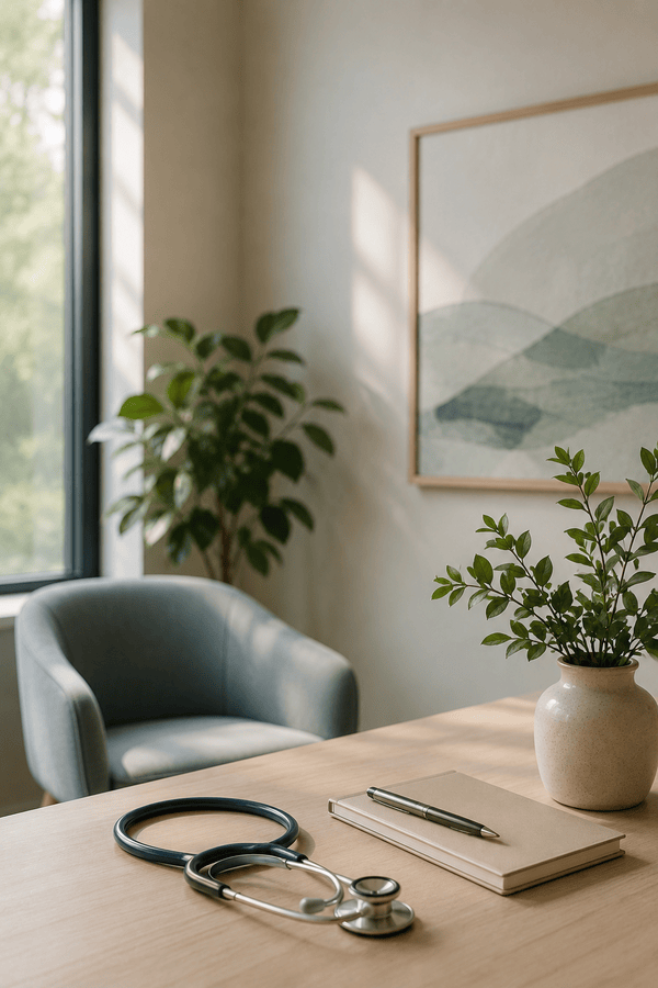 Modern patient-centered healthcare consultation space with stethoscope, notebook, and calming clinic interior representing integrated in-person and telehealth medical services.