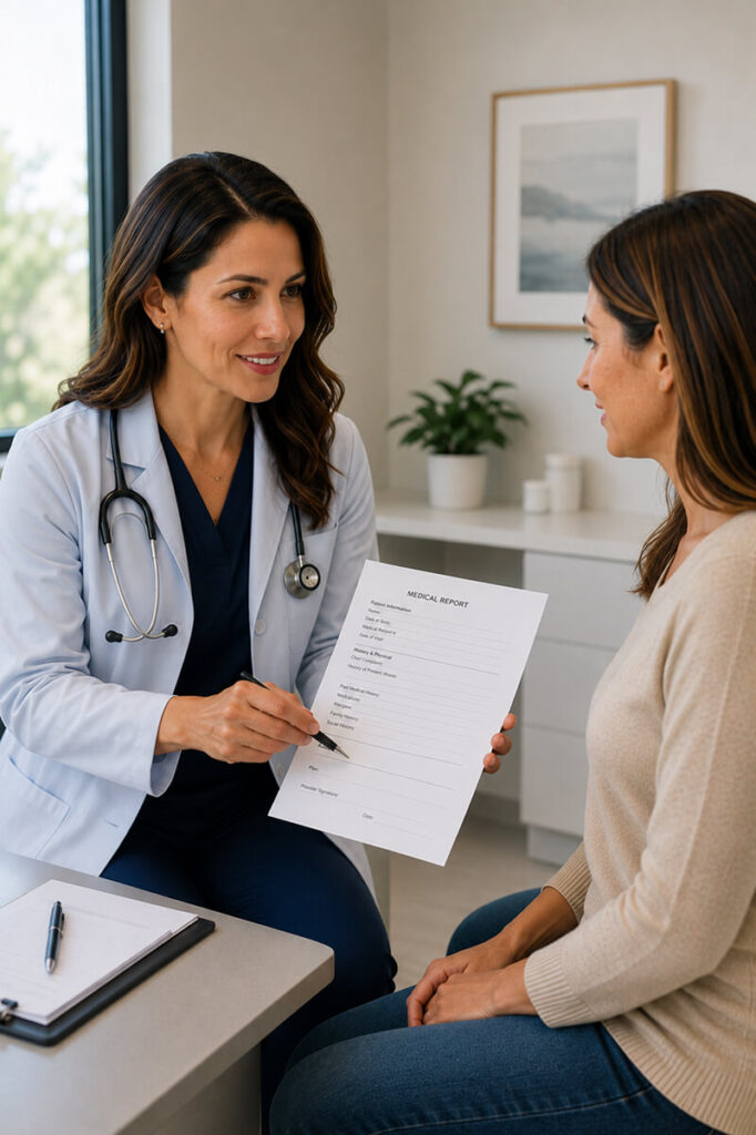 A female doctor reviewing a patient's health report during a wellness exam at TP Health.