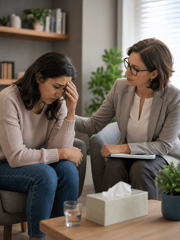 A caring counsellor supporting an overwhelmed female patient during an anxiety treatment session.
