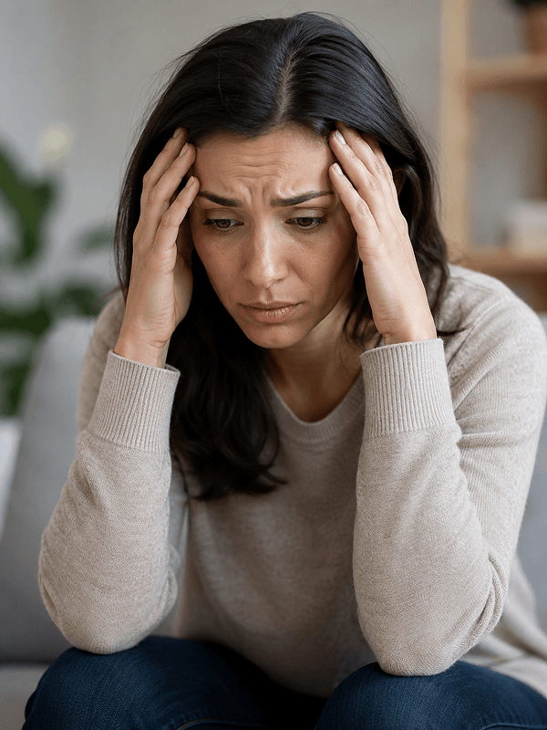 An overwhelmed woman with her hands on her head, depicting the mental burden of an untreated anxiety disorder.