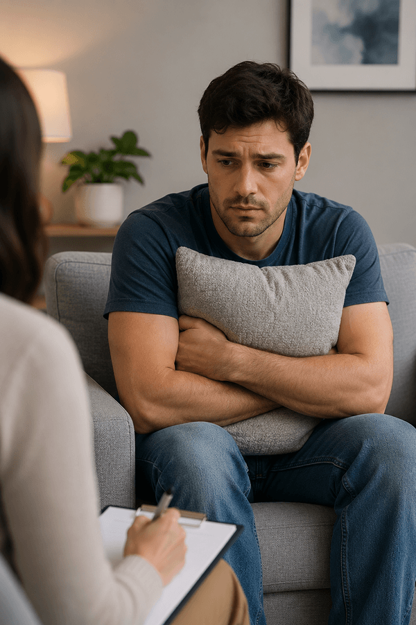 A man sitting nervously with a pillow during a mental health session at TP Health.