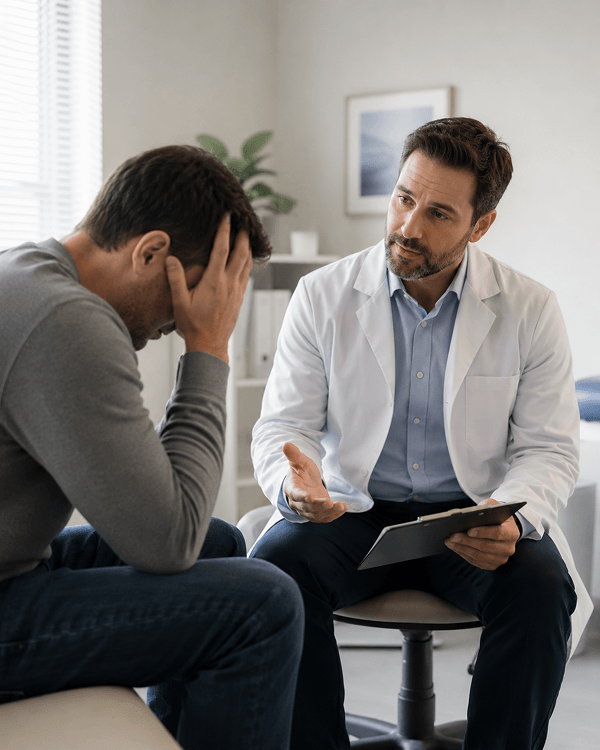 A compassionate doctor consulting a distressed male patient who is holding his head in his hands at a clinic.