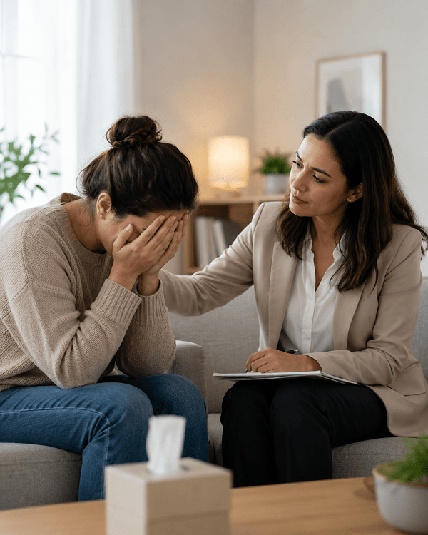 A distressed woman covering her face on a couch while a therapist offers comfort during a depression care session.