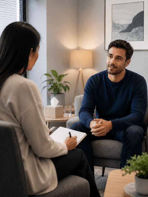 A therapist taking notes while a patient speaks during a depression therapy session at TP Health.