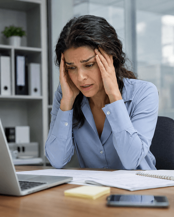 An overwhelmed woman holding her head in her hands at an office desk, experiencing symptoms of panic.