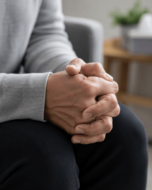 Tensely interlaced hands capturing physical symptoms of anxiety, for panic attack support services at TP Health.