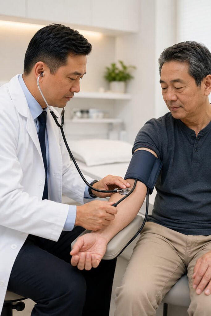 A doctor measuring a patient's blood pressure with a stethoscope and cuff during a hypertension management consultation at TP Health.