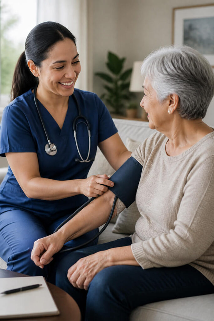 A smiling nurse checking an older patient's blood pressure at home during a hypertension management visit.