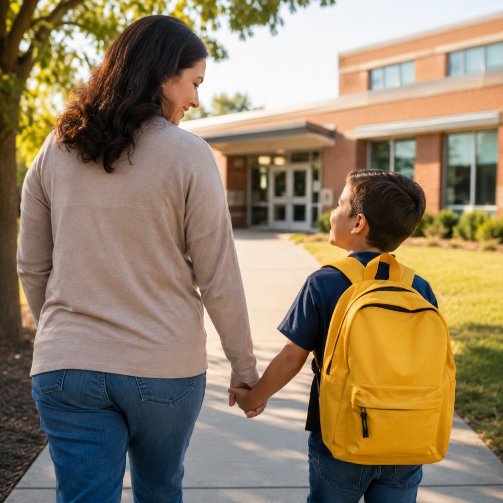 A parent holding hands with a child wearing a yellow backpack walking to school for 504 Plan support at TP Health.