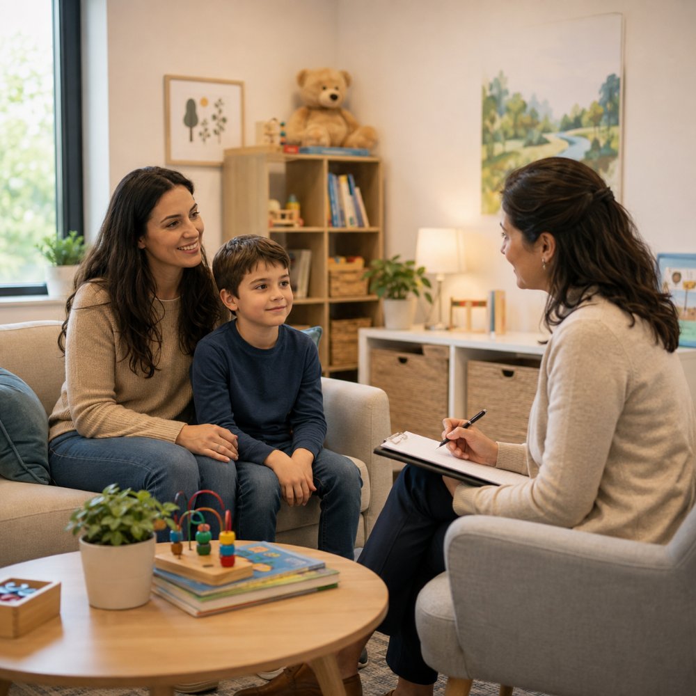 A smiling mother with her young son meeting a child psychiatrist for a 504 Plan and IEP evaluation at TP Health.