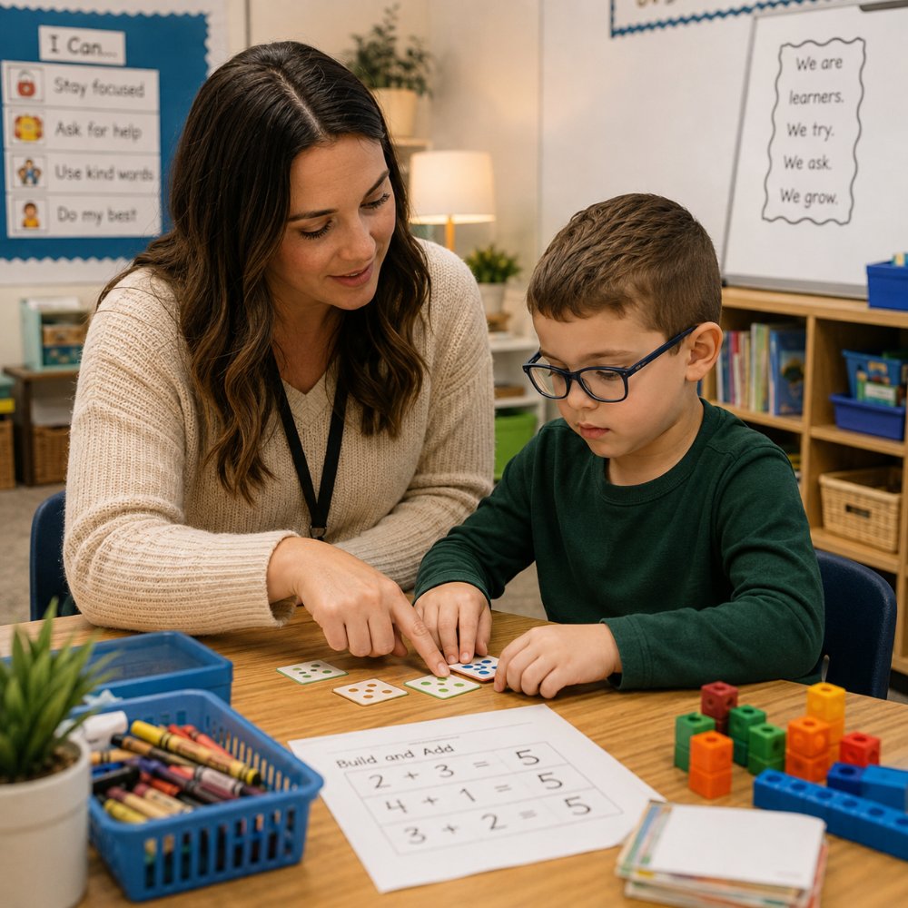 A teacher assisting a young student with glasses during a classroom activity supporting IEP learning goals.