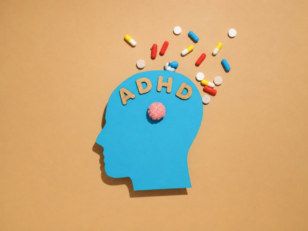 A blue head silhouette with ADHD letters, a brain model, and scattered pills representing ADHD treatment at TP Health.