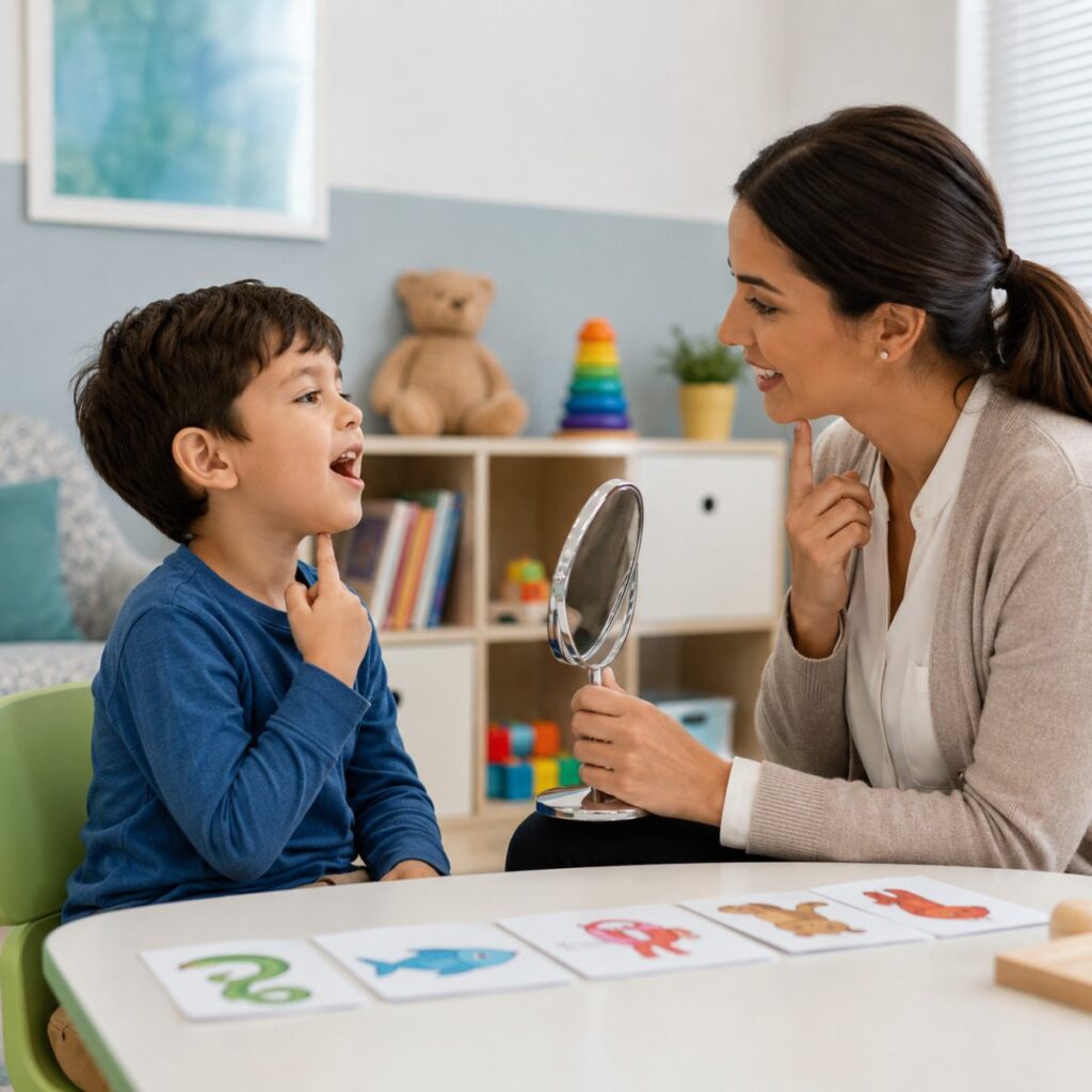 A young boy practices speech sounds with a child psychiatrist during an autism care session at TP Health.
