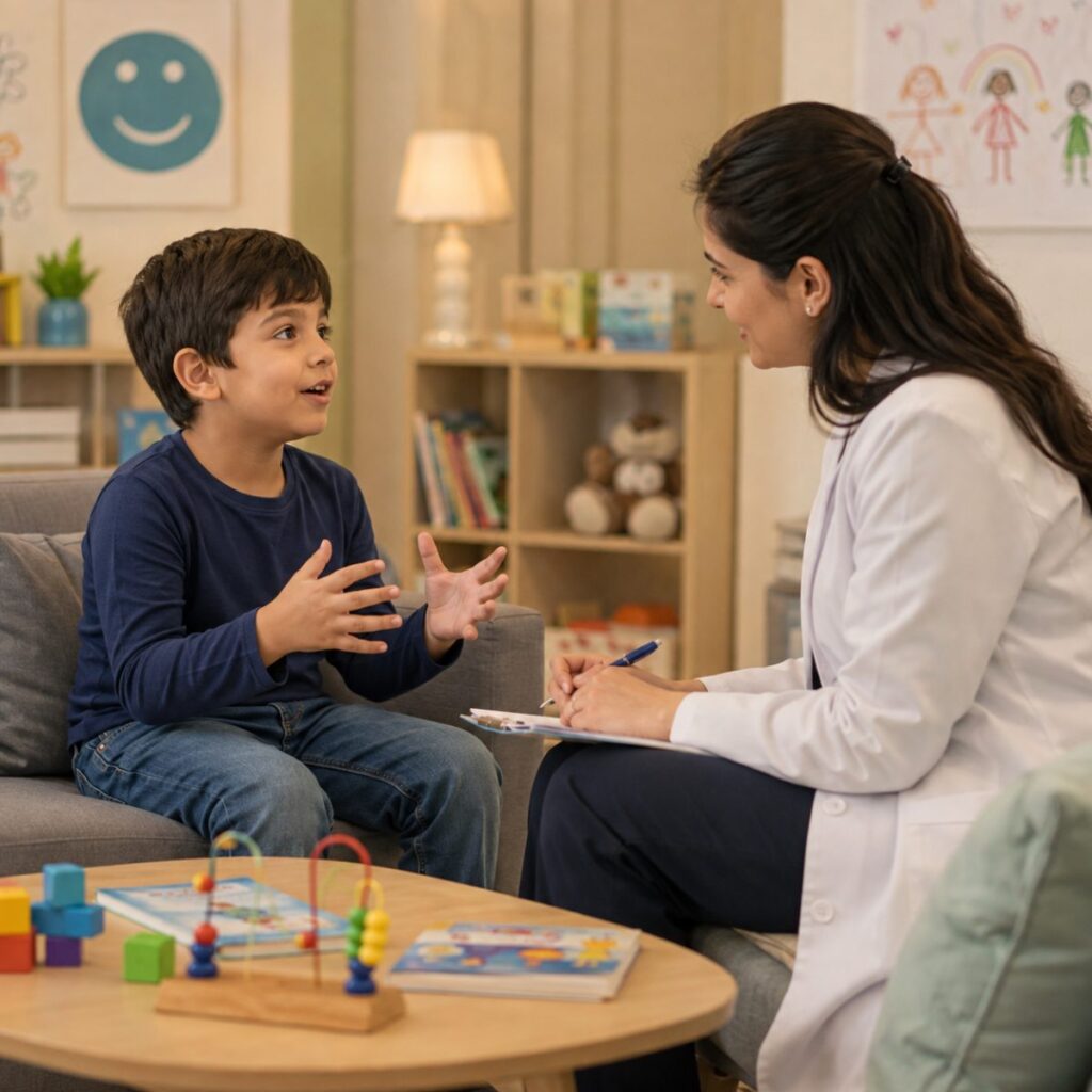 A young boy openly expresses himself while talking with a child psychiatrist during an autism care session.