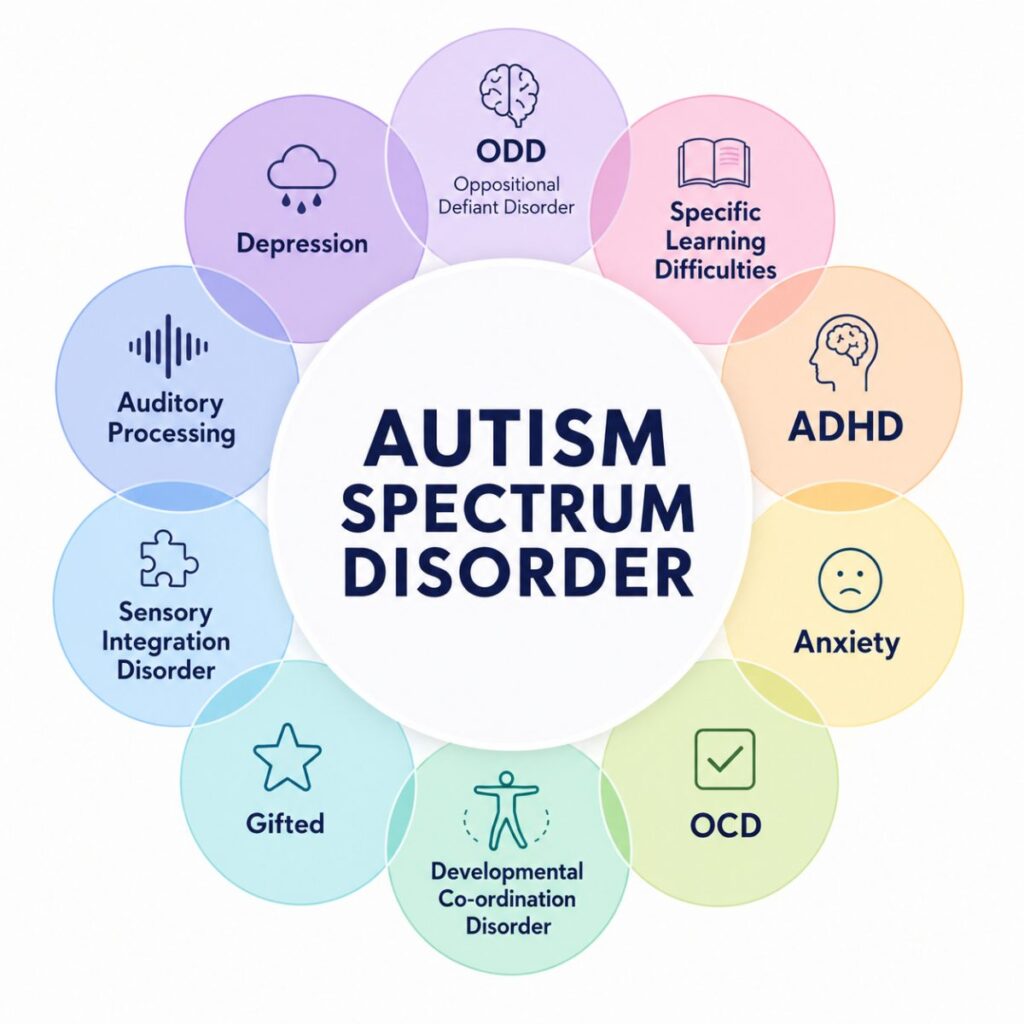 Diagram showing Autism Spectrum Disorder linked to overlapping conditions like ADHD, anxiety, and OCD.