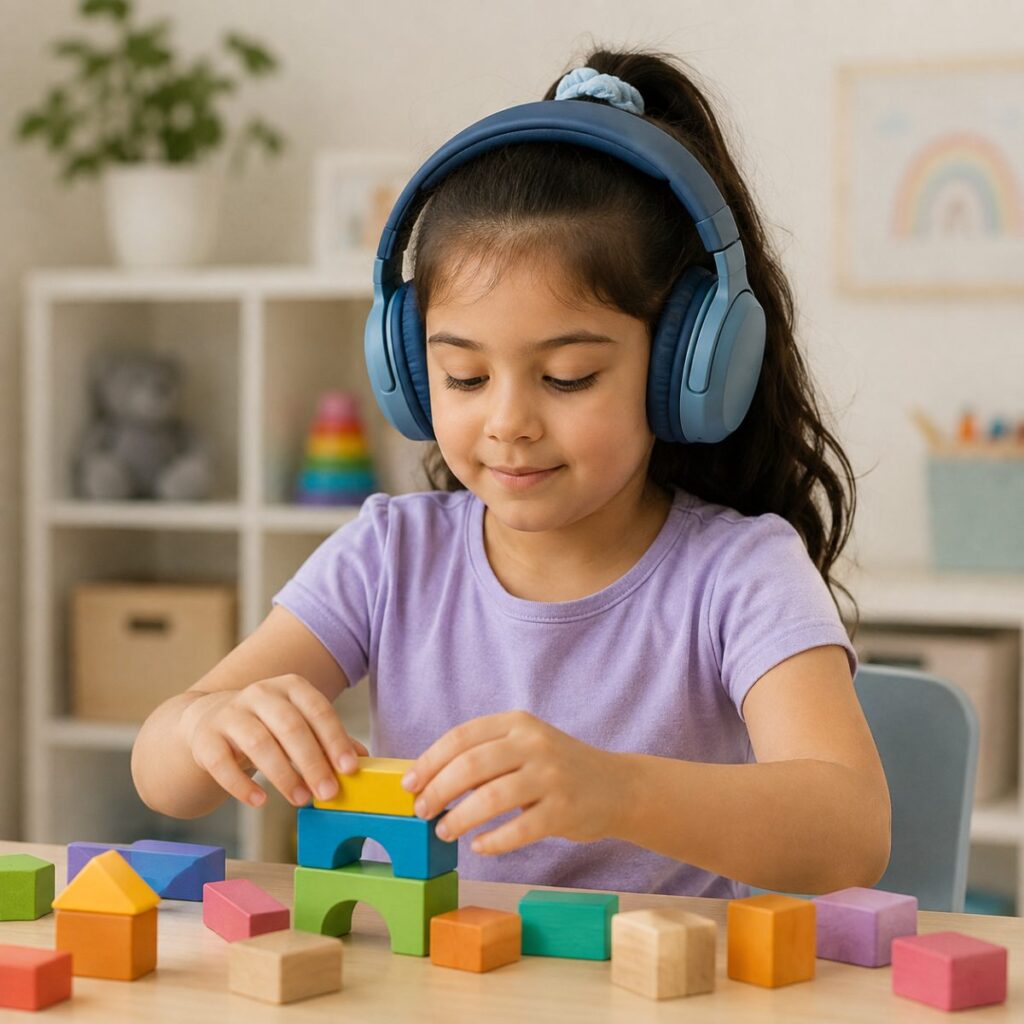 A young girl with autism uses noise-canceling headphones while calmly playing with blocks, showing sensory support in daily life.