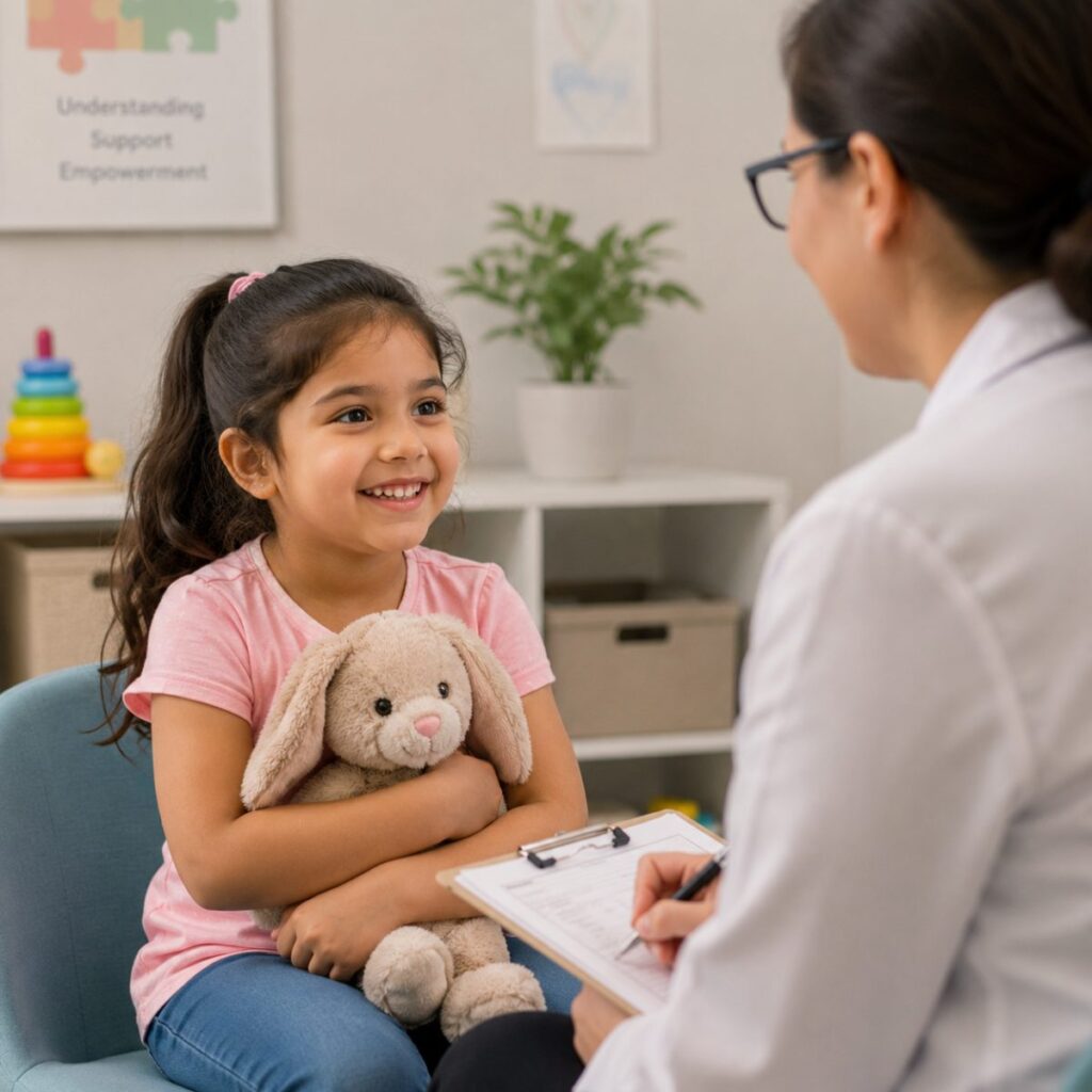 A smiling young girl holds her stuffed toy during an autism evaluation with a child psychiatrist at TP Health.