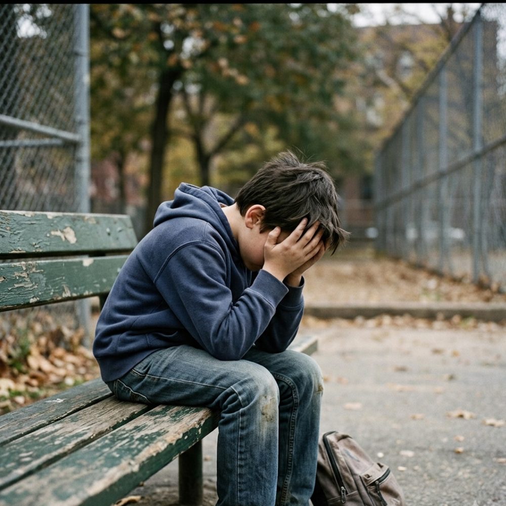 A distressed young boy sitting alone with his head in his hands, depicting pediatric bipolar disorder symptoms.