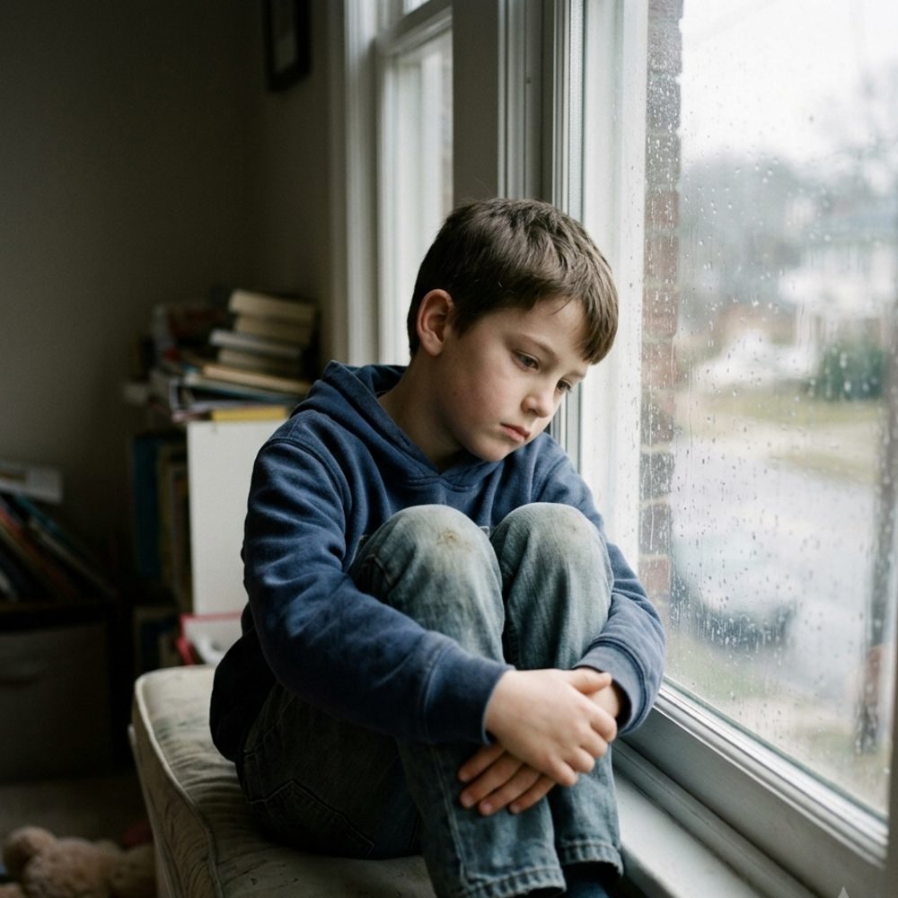 A young boy sits quietly by a window, looking withdrawn, reflecting the emotional lows of pediatric bipolar disorder.