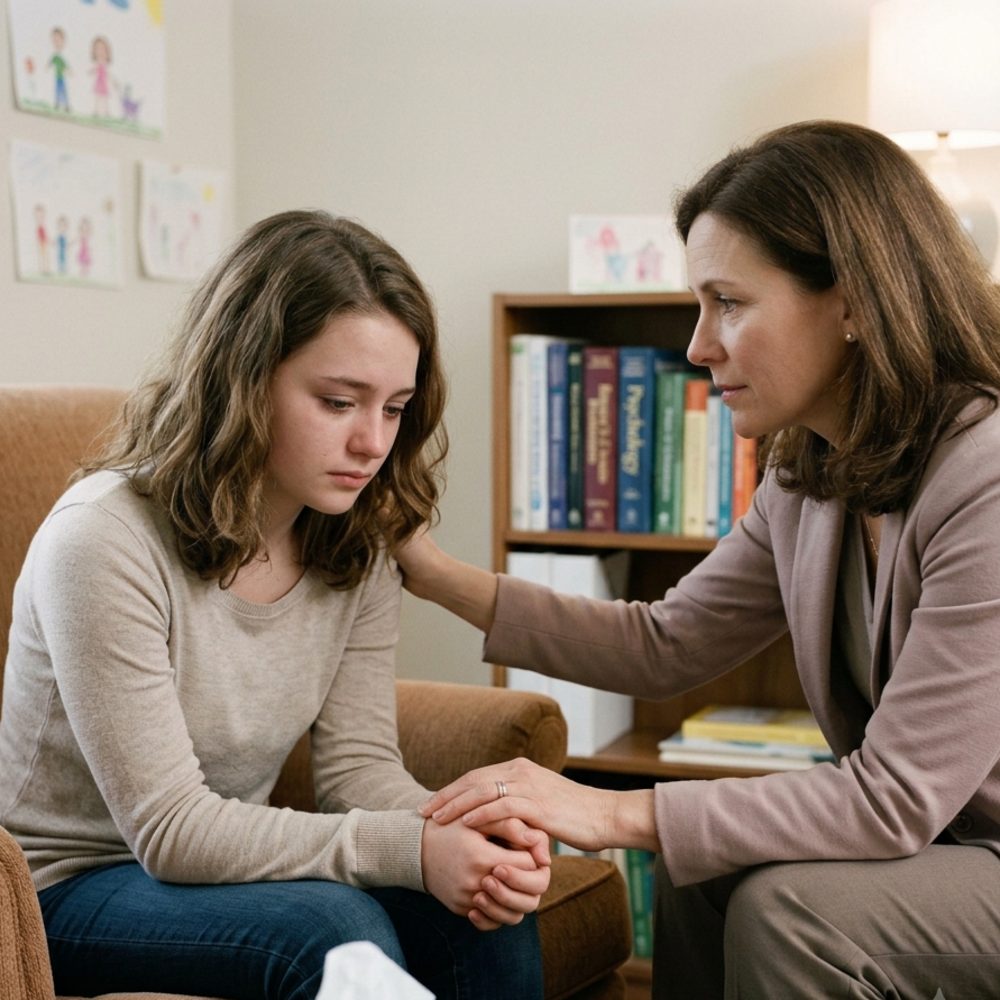 A child psychiatrist gently comforts a distressed teenage girl during a pediatric bipolar disorder treatment session.
