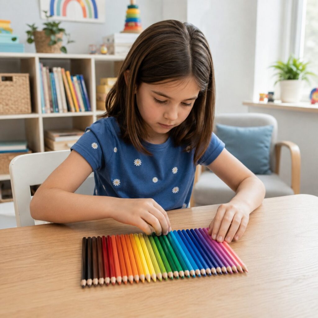 A young girl carefully arranges colored pencils in a row, showing early signs of OCD-related ordering behavior.