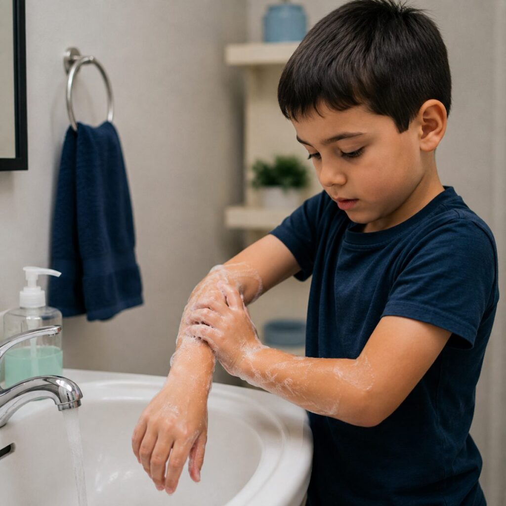 A young boy washes his arm repeatedly at the sink, showing compulsive cleaning behavior linked to childhood OCD.