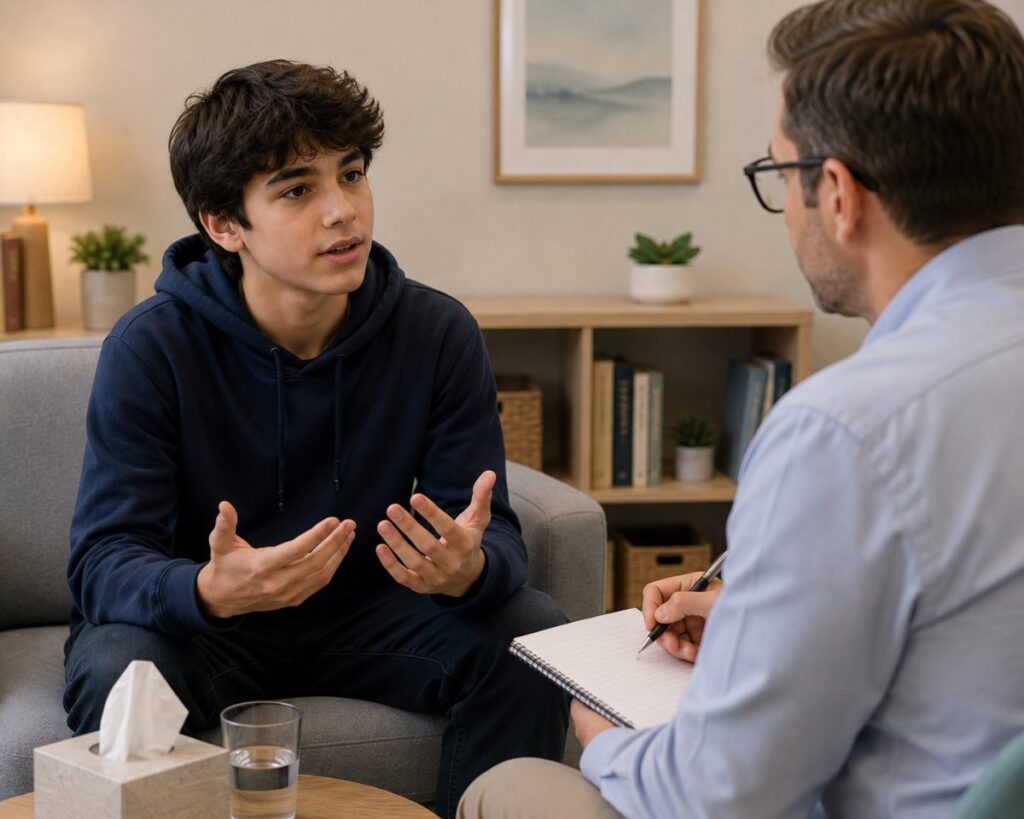 A teenage boy openly discusses his OCD symptoms with a child psychiatrist during a treatment session at TP Health.