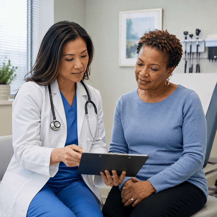 A Primary Care provider reviews health information with an adult patient during a wellness visit at TP Health.