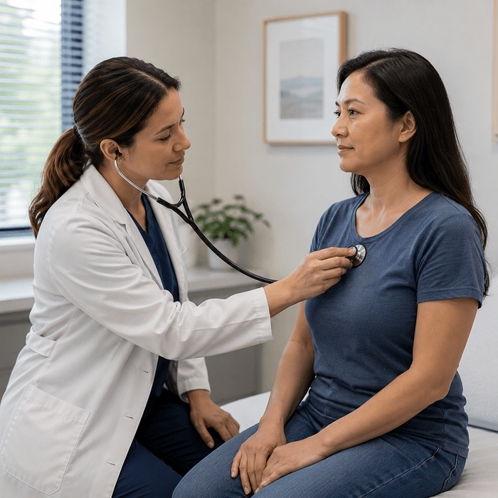 A Primary Care provider listens to an adult patient's heartbeat during a wellness physical exam at TP Health.
