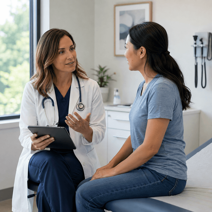 A doctor discusses a health concern with an adult patient during a wellness exam at TP Health.