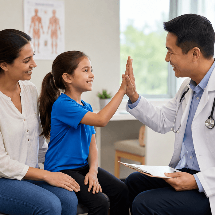 A primary care doctor high-fives a young girl and her mother after a sports physical exam at TP Health.