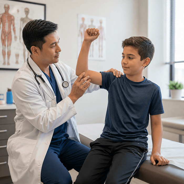A doctor checks a young boy's arm mobility during a sports physical exam at TP Health.