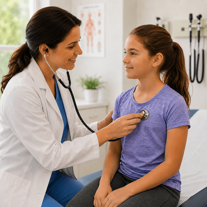 A young girl has her heart checked by a primary care doctor during a sports physical exam at TP Health.