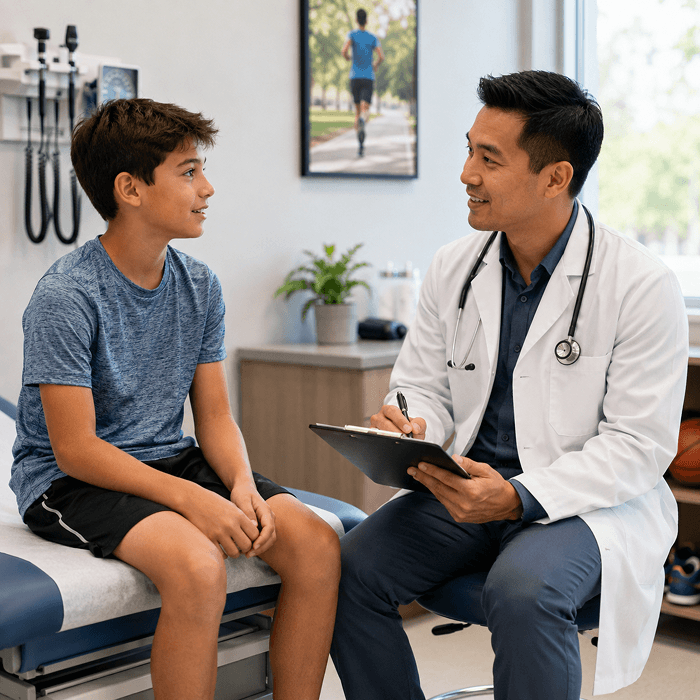 Young boy discussing medical history with a doctor during a sports physical exam at a TP Health Clinic.