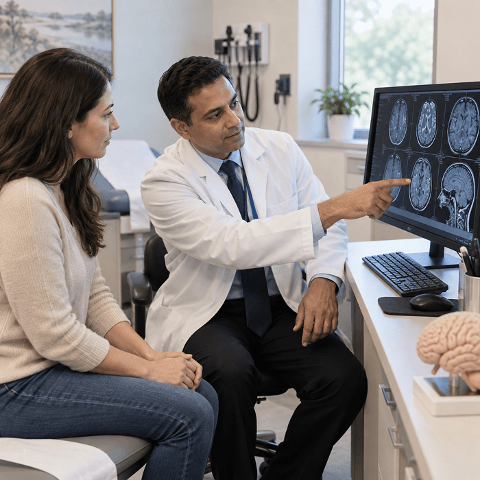 A neurologist reviewing brain scan results with a patient during an epilepsy consultation at TP Health in Missouri City, TX.